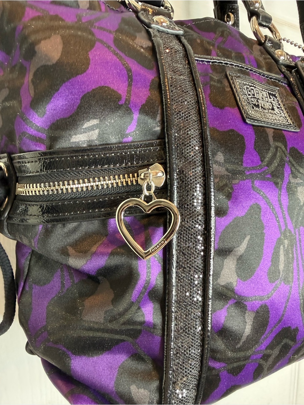 COACH POPPY OCELOT PURPLE DAISY GLAM GLITTER TOTE BAG - Picture 12 of 16